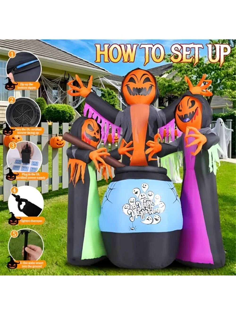 8FT Halloween Inflatables Three Witch Around Cauldron with Light Yard Decor